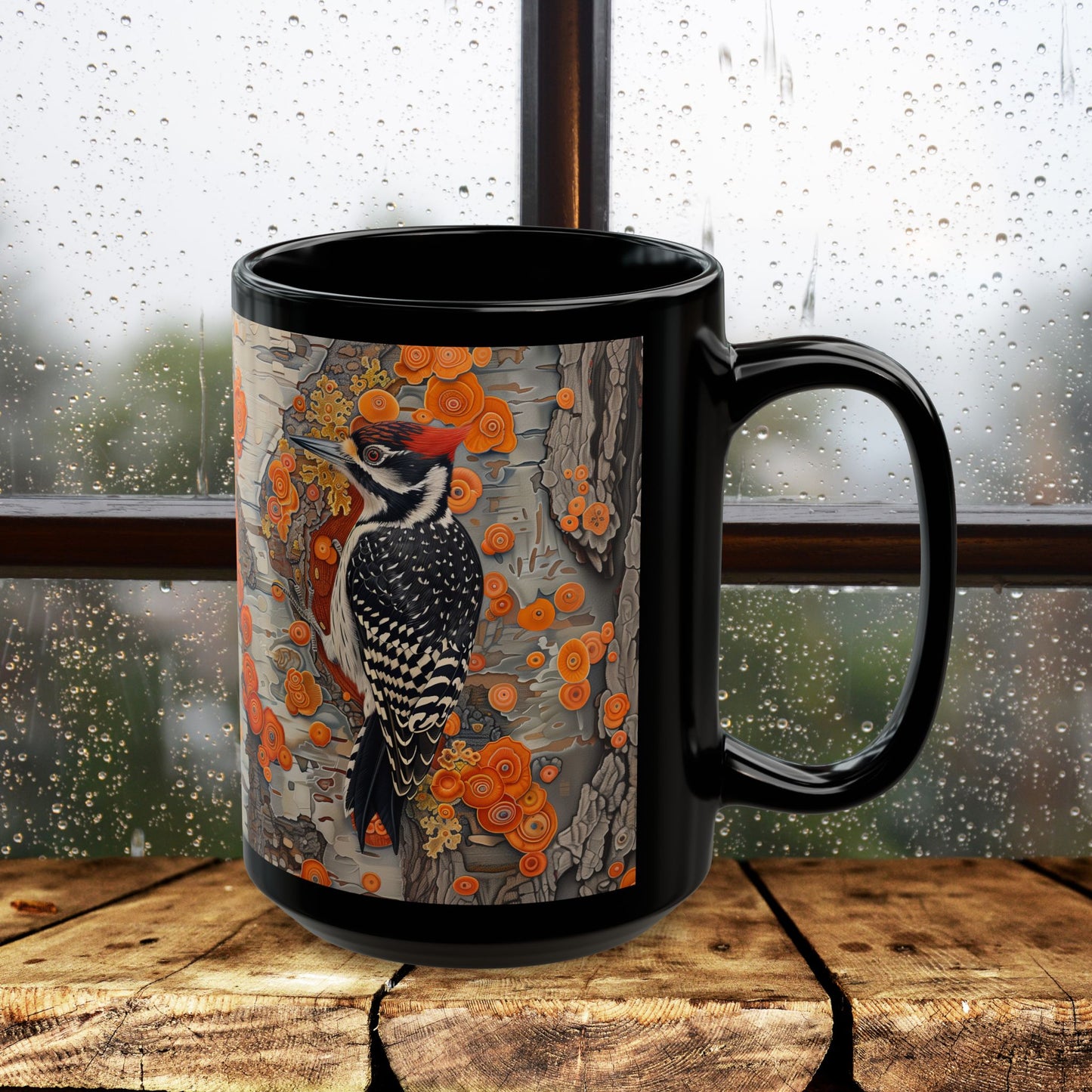 Woodpecker Black Mug - Vibrant Forest Bird Coffee Cup, Botanical Woodland Art Gift, Rustic Nature Drinkware