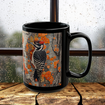 Woodpecker Black Mug - Vibrant Forest Bird Coffee Cup, Botanical Woodland Art Gift, Rustic Nature Drinkware