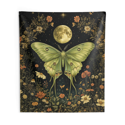 Tapestry of Luna Moth Full Moon, William Morris Inspired, Art Deco Indoor Wall Tapestries