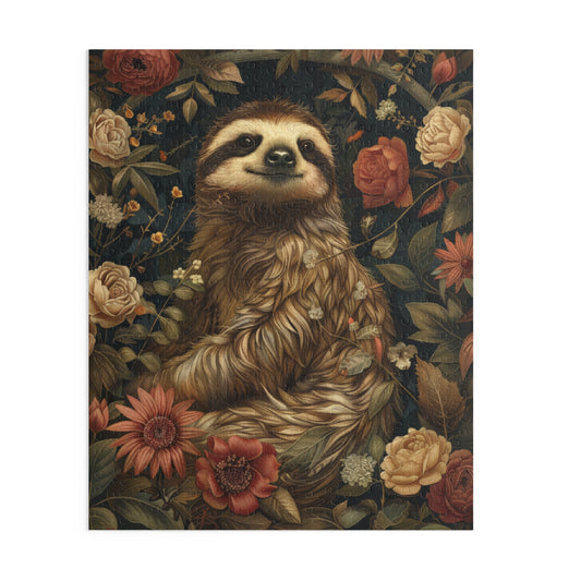William Morris Inspired Sloth Wildflowers Jigsaw Puzzle | Cottage-core Art Nouveau Puzzle Box (120, 252, 500-Piece)
