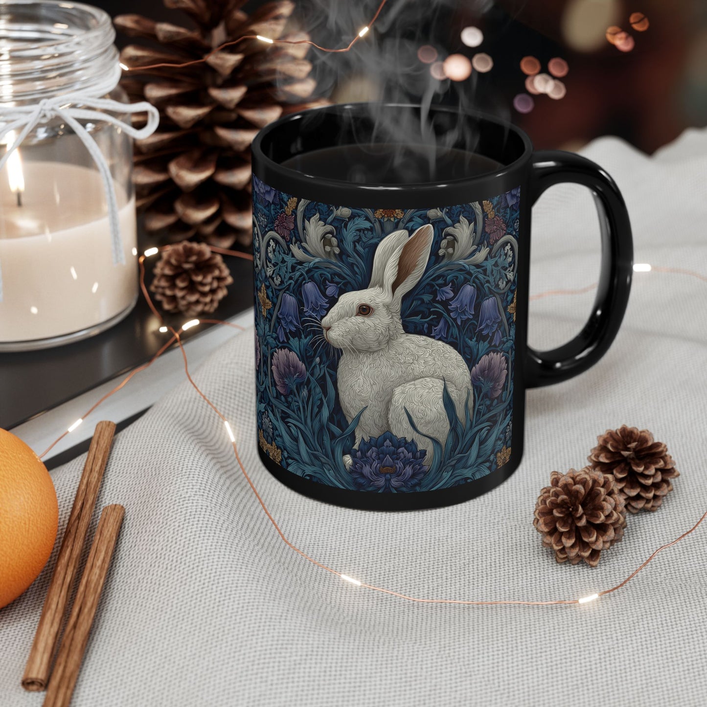 Rabbit Floral Black Mug, Vintage William Morris Style Bunny Coffee Cup (11oz/15oz)