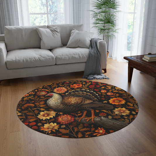 Fall Autumn William Morris Inspired Round Rug, Turkey Botanical Design, Home Decor Accent, Circular Area Mat, Thanksgiving Day Gift