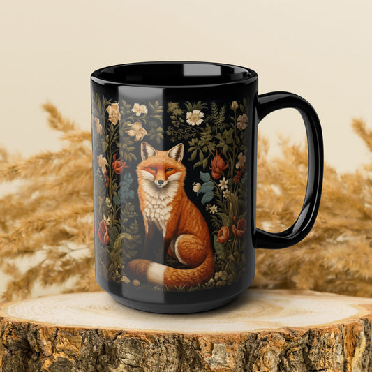 Botanical Floral Fox William Morris Inspired Black Mug (11oz ,15 oz), Gift for Nature Lovers, Coffee Tea Mug, Unique Kitchen Decor,