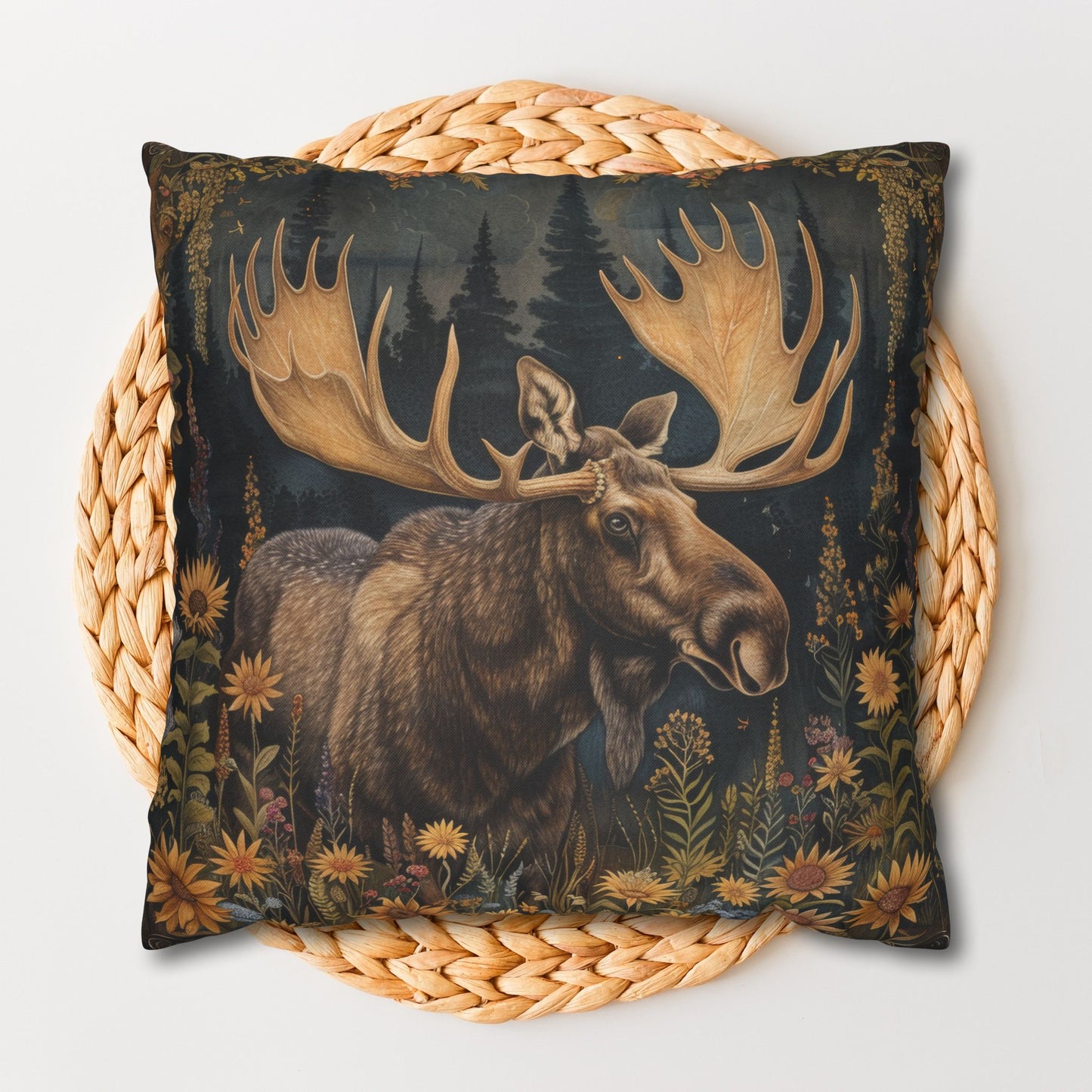 William Morris Inspired Woodland Moose Wildflowers Decorative Pillowcase