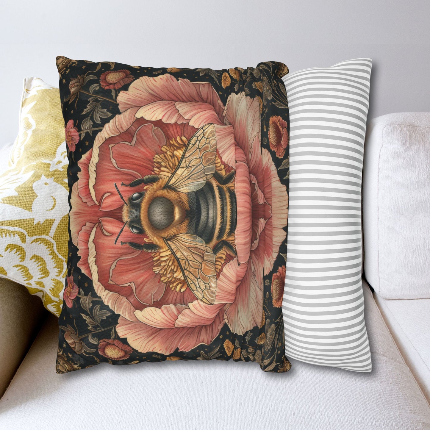 Bumblebee Pink Peony Pillowcase, William Morris Decor, Throw Cushion, Floral Home Decor, Square Pillow Cover