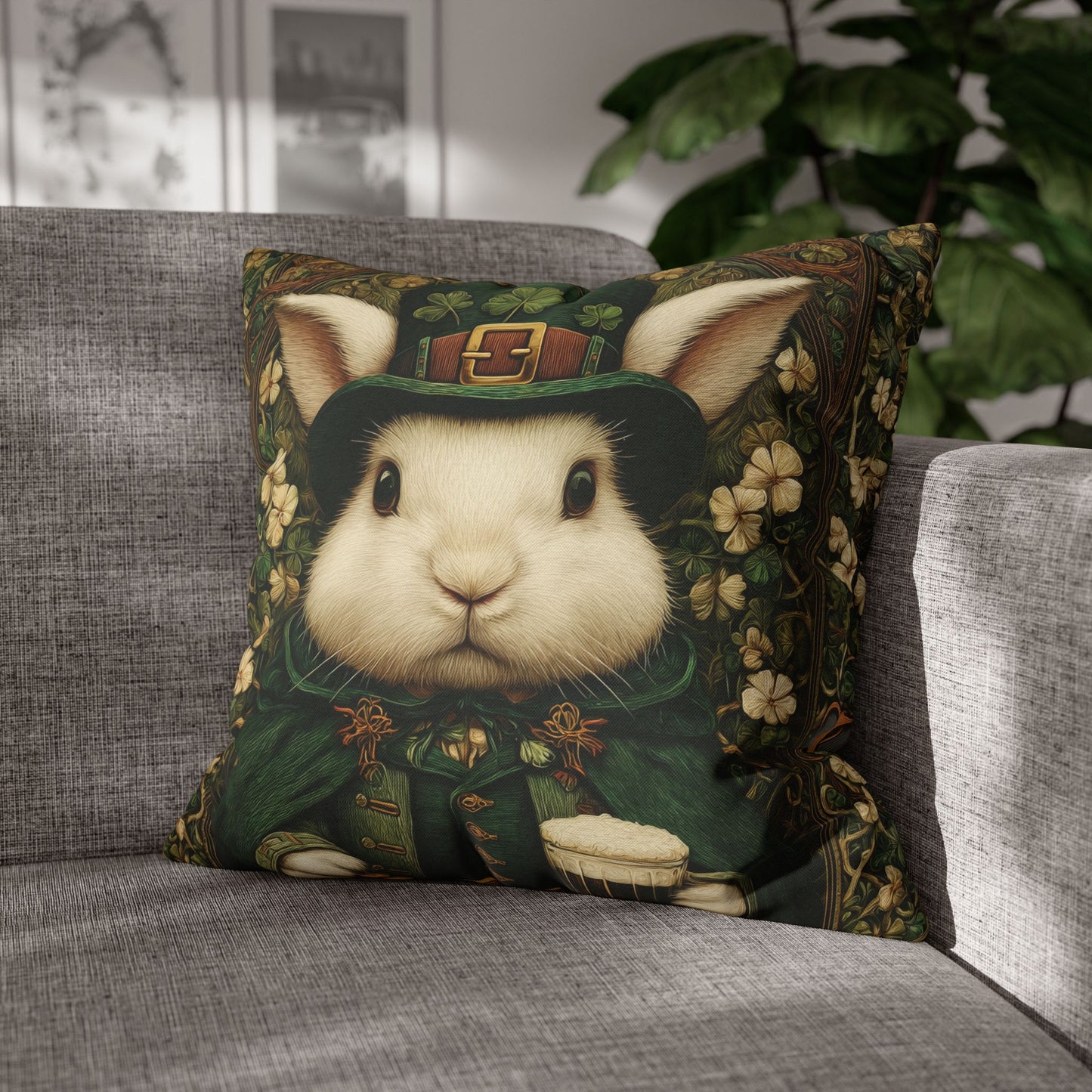 Leprechaun Bunny Decorative Pillowcase, St Patrick Day William Morris Style Rabbit Cushion