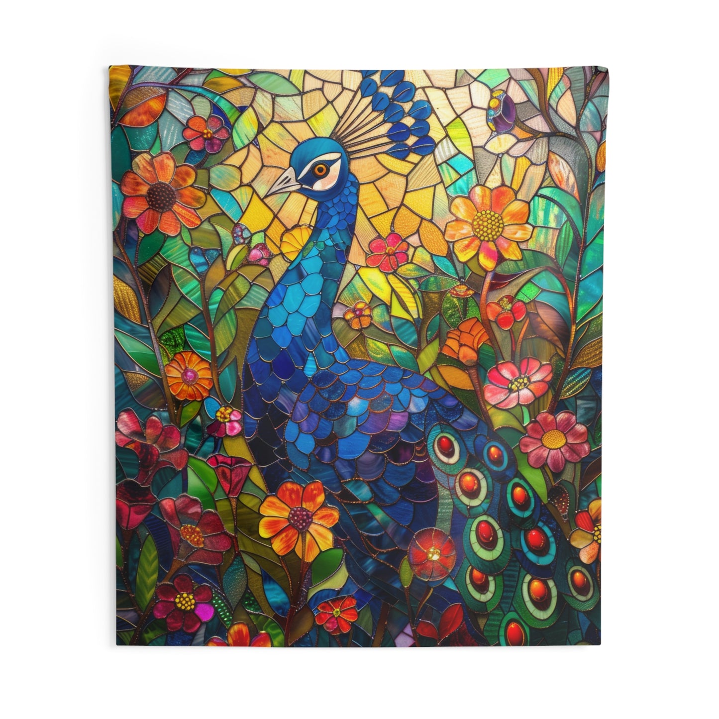 Tapestry of Peacock Faux Stained Glass, Vibrant Psychedelic, Art Wall Tapestries