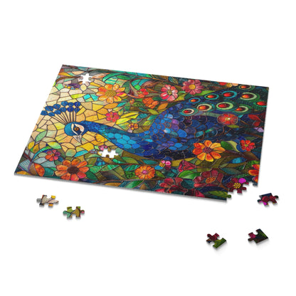 Stained Glass Peacock Wildflowers Puzzle Box (120, 252, 500-Piece) Family Jigsaw Puzzle, Puzzle Box Gift