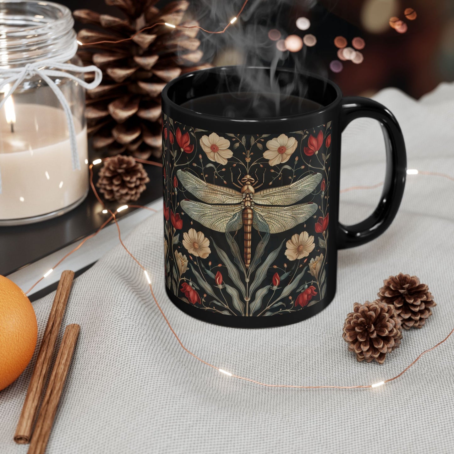 William Morris Inspired Botanical Dragonfly Black Mug 11oz, 15 oz