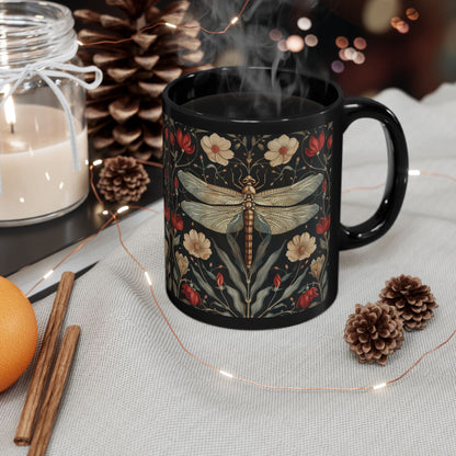 William Morris Inspired Botanical Dragonfly Black Mug 11oz, 15 oz