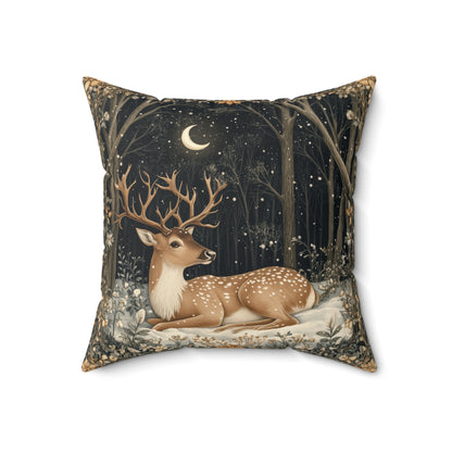 Winter Night Deer Throw Pillow, Crescent Moon Woodland Decorative Pillow