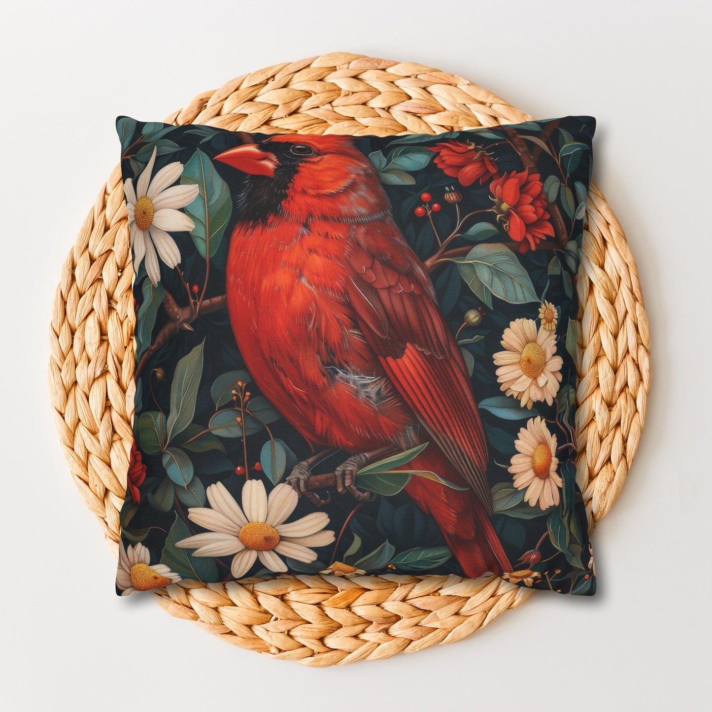 William Morris Inspired Botanical Red Cardinal Pillowcase, Bird Decorative Home Decor Pillowcase