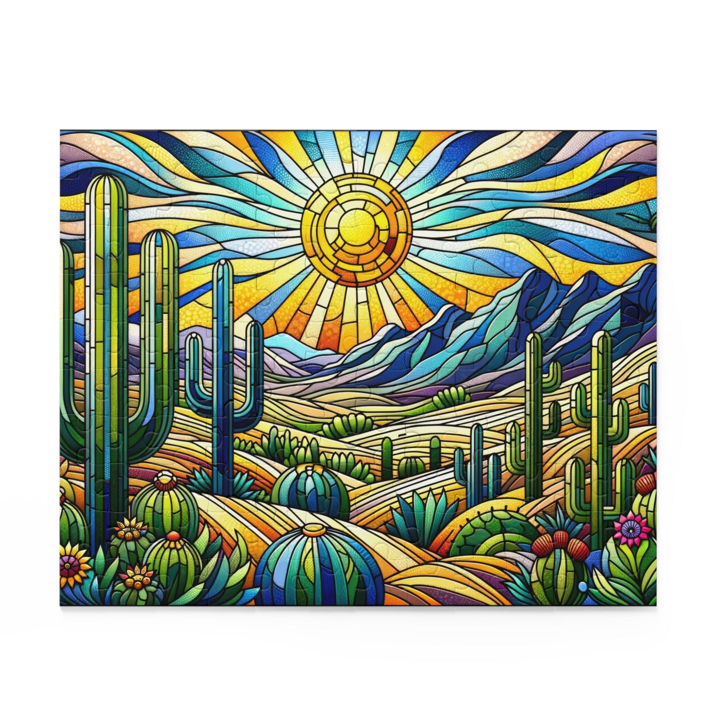 Cactus Dessert Scene Stained Glass Jigsaw Puzzle Box (120, 252, 500-Piece) Adult Jigsaw Puzzle, Gift Him Her