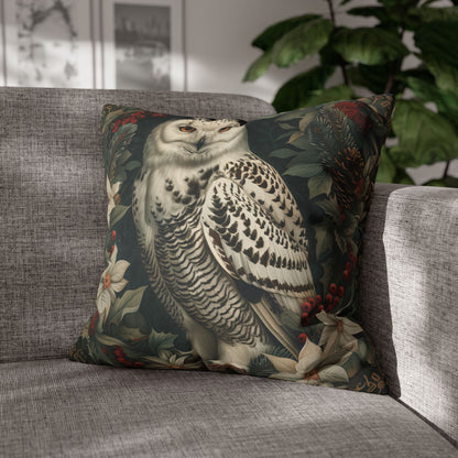 Snowy Owl Pillowcase, Winter Woodland Cushion, William Morris Inspired