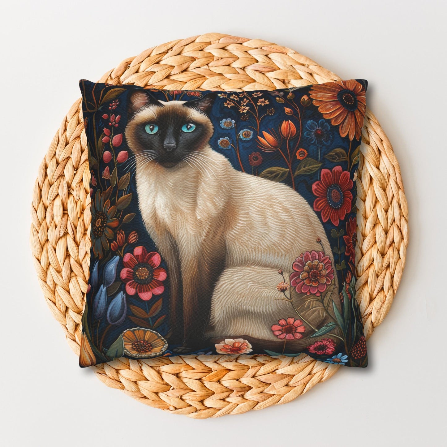 William Morris Inspired Siamese Cat Flower Garden Pillowcase