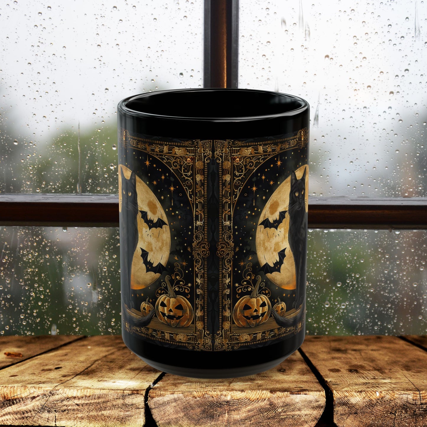 Art Deco Full Moon Black Cat Mug, William Morris Inspired, Black Coffee Cup 11oz, 15oz, Cat Lover Gift, Halloween Mug, Gothic Kitchen Decor,