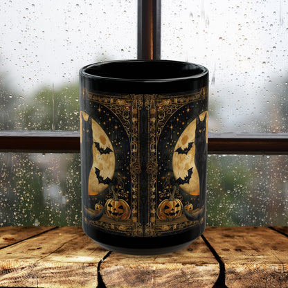 Art Deco Full Moon Black Cat Mug, William Morris Inspired, Black Coffee Cup 11oz, 15oz, Cat Lover Gift, Halloween Mug, Gothic Kitchen Decor,