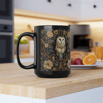 William Morris Inspired Botanical Barn Owl Black Coffee Mug | Mystical Owl Black Mug 11oz, 15 oz