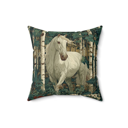 White Horse Birch Forest Decorative Pillow — Rustic Woodland Accent Cushion