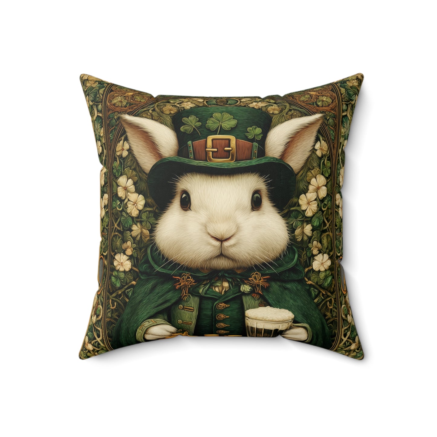 Leprechaun Bunny Decorative Pillow, St Patrick Day William Morris Style Rabbit Cushion