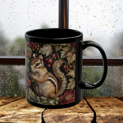 Whimsical Chipmunk Autumn Mug, Black Ceramic Woodland Animal Cup 11oz & 15oz Fall Forest Nature Coffee Mug for Animal Lovers