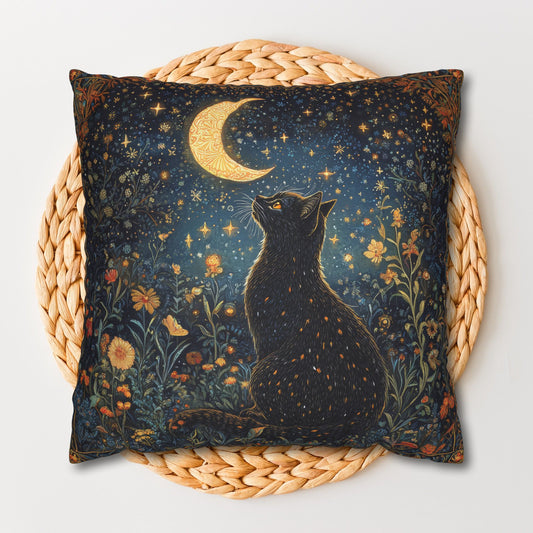 Black Cat Whimsical Night Decorative Pillowcase, William Morris Inspired Cottage-core Pillowcase
