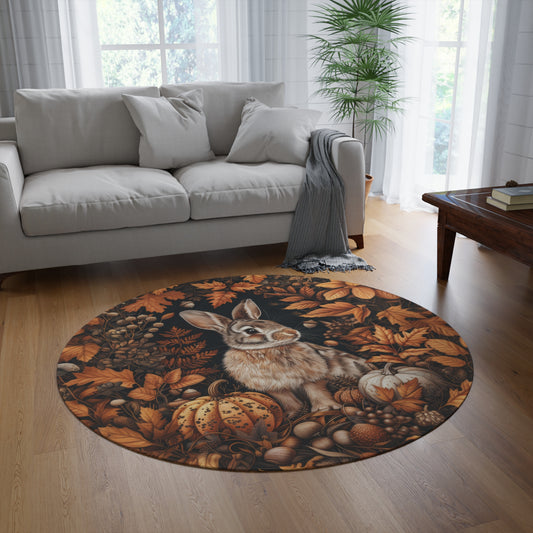 William Morris Bunny Fall Cottage-core Round Rug, Rabbit Fall Botanical Design, Home Decor Accent, Circular Area Mat, Thanksgiving Day Gift