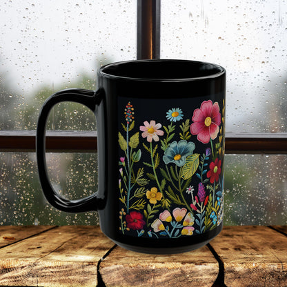 Embroidery Beautiful Wildflowers Black Coffee Mug, Wildflowers Kitchenware Black Mug 11oz, 15oz ,