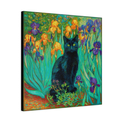 Black Cat Among Irises, Vibrant Floral Canvas Wall Art, Matte Stretched Canvas 1.25"