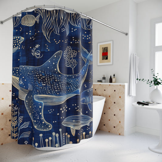 Indigo Ink Whale Shark Pattern Polyester Shower Curtain