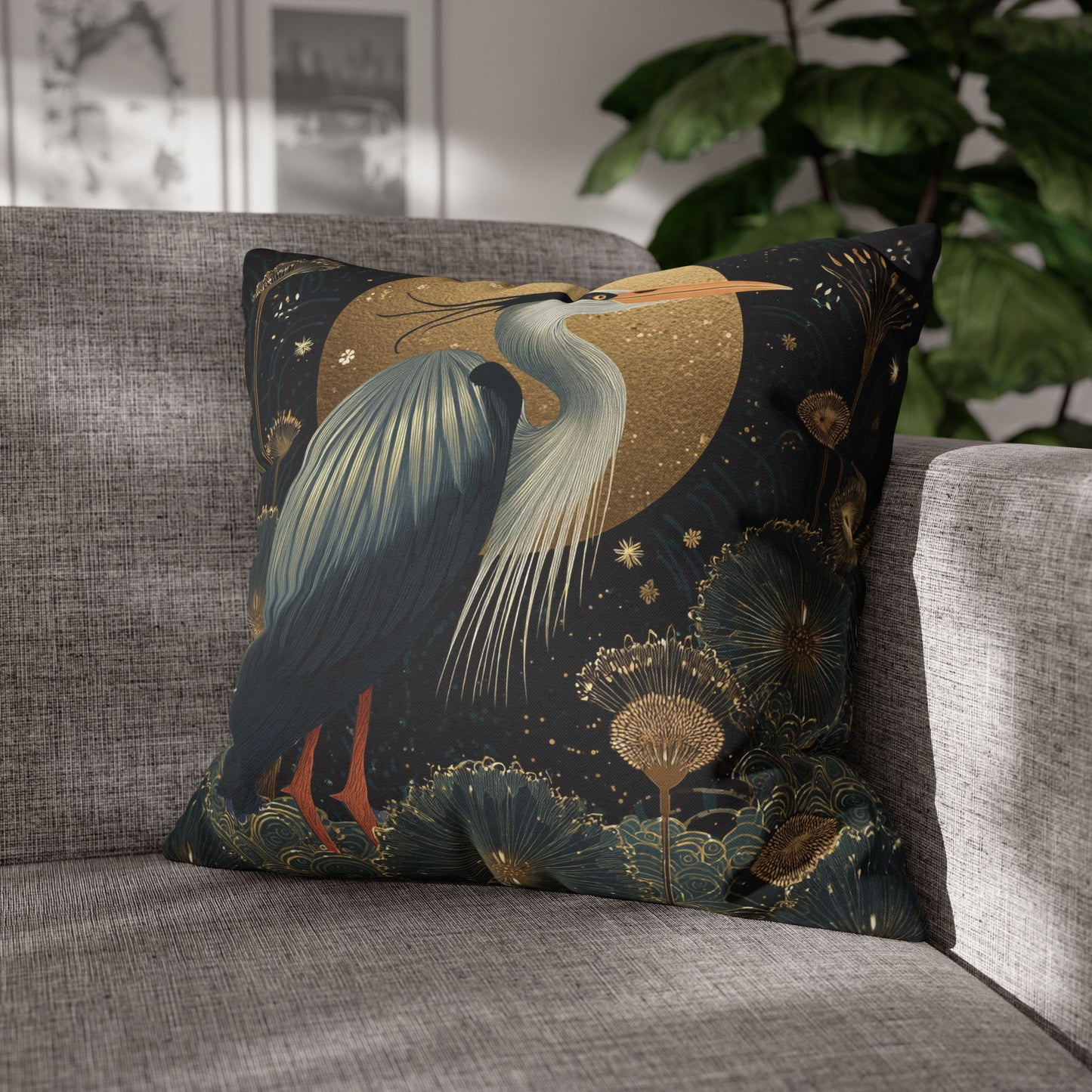 Heron Moon Decorative Pillowcase, Elegant Coastal Throw Pillow Cover