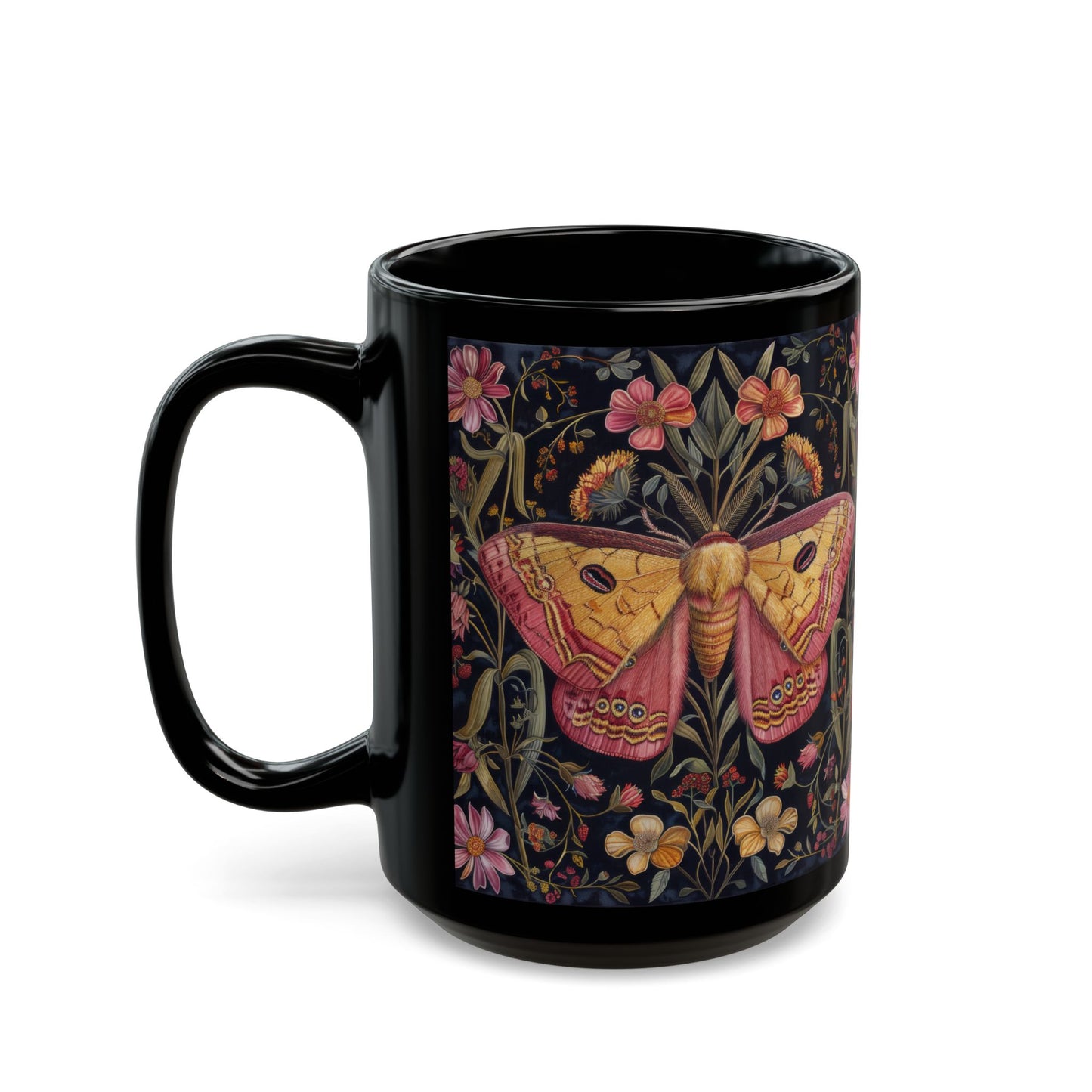 William Morris Inspired Botanical Pink Rosy Maple Moth Black Mug 11oz, 15 oz