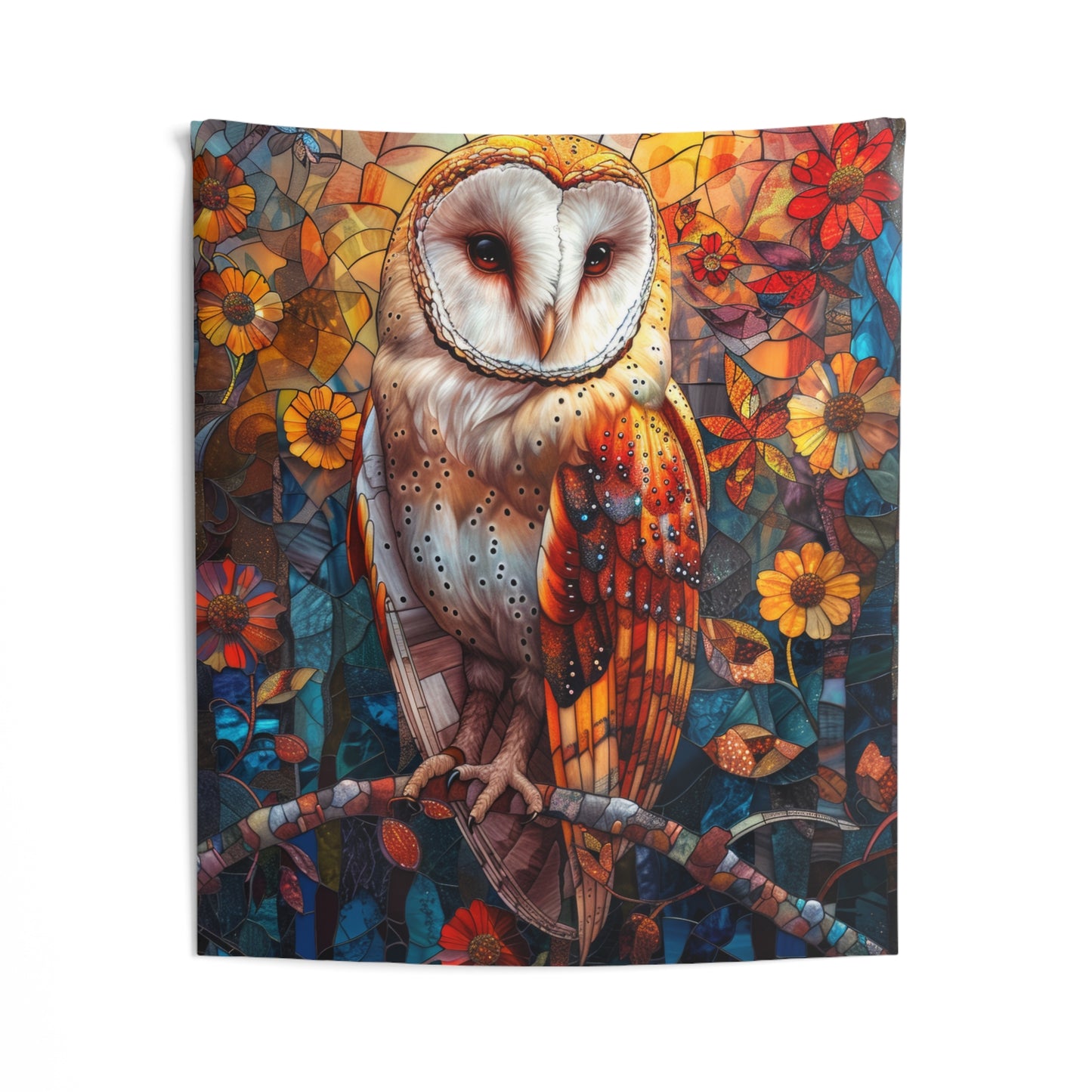 Tapestry of Forest Barn Owl Faux Stained Glass Vibrant Psychedelic Art Wall Tapestries