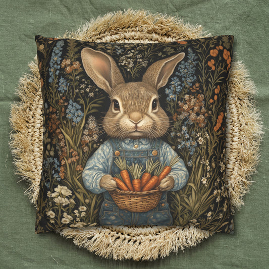 Poly William Morris Inspired Bunny Pillowcase, Woodland Rabbit with Carrots, Vintage Floral Cottagecore Square Cushion