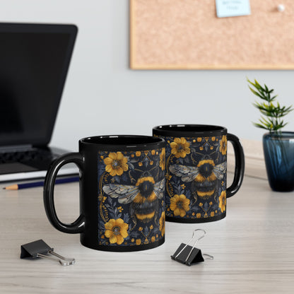 Bumblebee Gold Botanicals William Morris Inspired Black Coffee Mug For Her Him Ceramic Mug Black Mug 11oz, 15oz