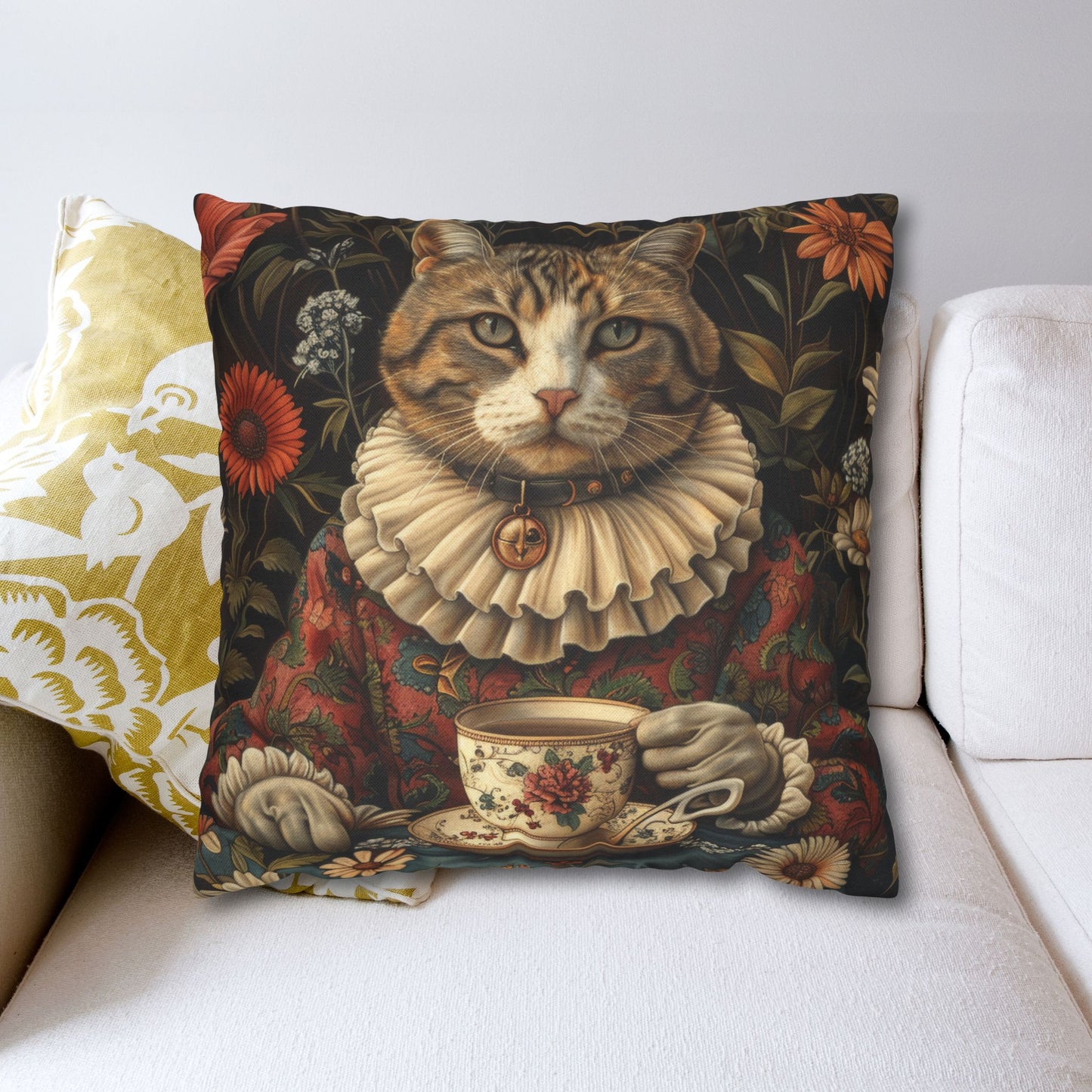 Victorian Style Portrait Of Rococo Cat, Tea Time in The Garden Decorative Pillowcase