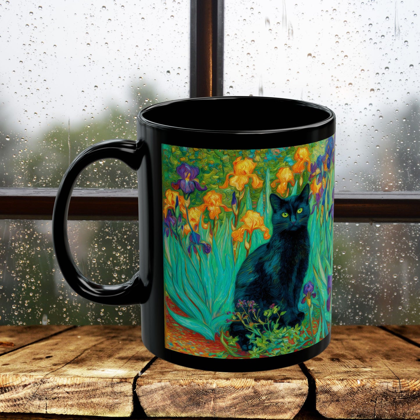 Black Cat Iris Mug, Van Gogh Inspired Cat Art Mug, Colorful Impressionist Floral Black Ceramic Mug, Artistic Cat Lover Gift, 11oz & 15oz
