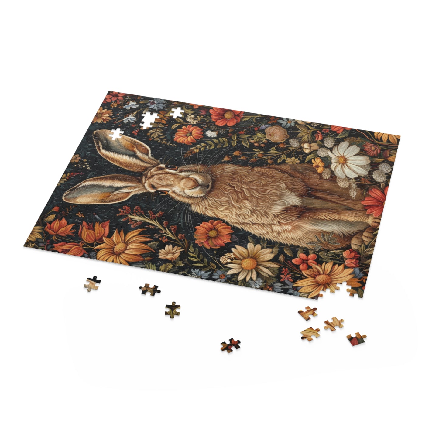Hare With Winter Floral Botanicals Jigsaw Puzzle Box Gift (120 252 500-Piece) Family Gift Box Puzzle, Holiday Puzzle Game