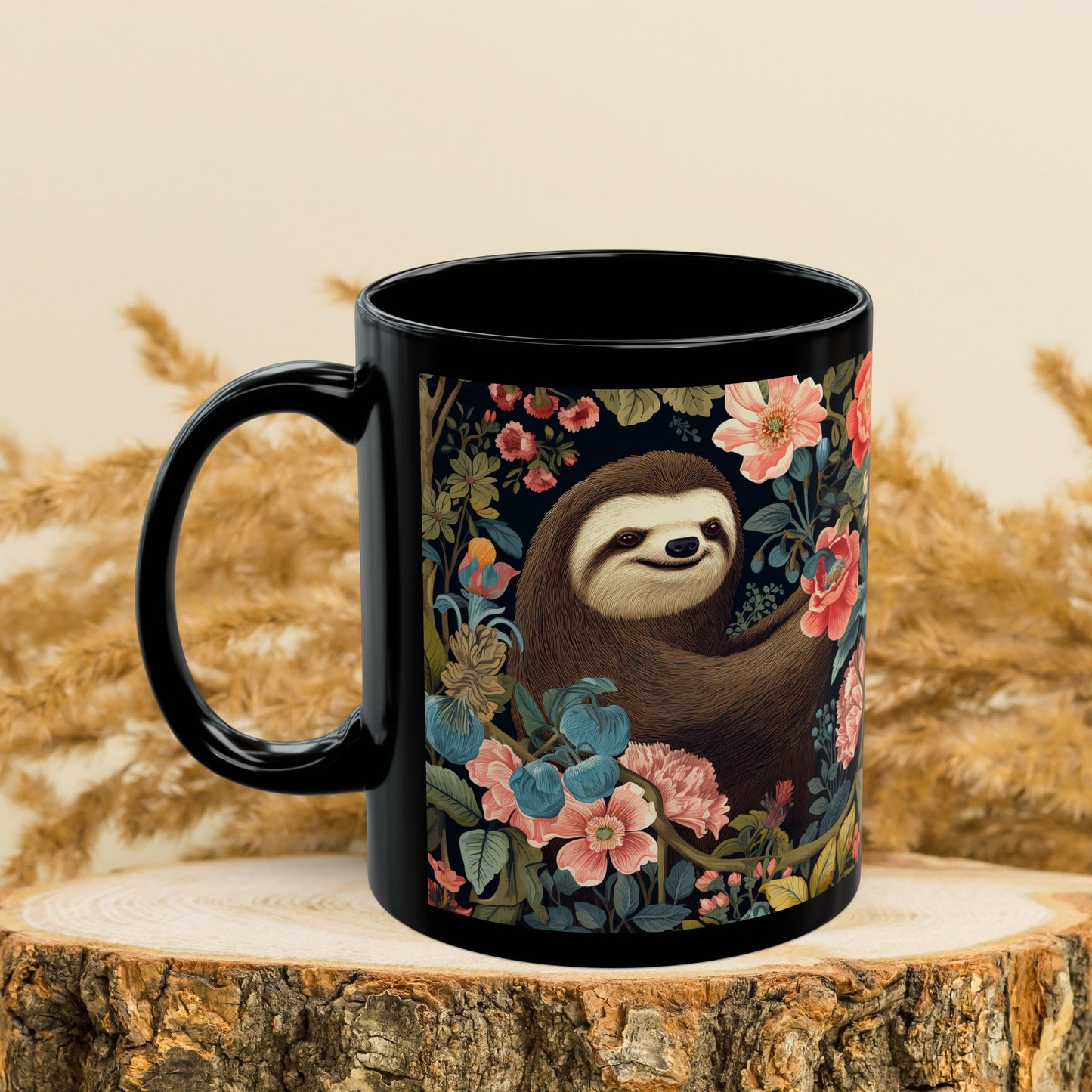 William Morris Inspired Floral Spring Sloth Black Mug