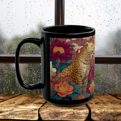 Floral Leopard Mug, Black Ceramic Jungle Coffee Cup 11oz & 15oz – Tropical Wild Cat Art Gift for Animal Lovers & Home Decor