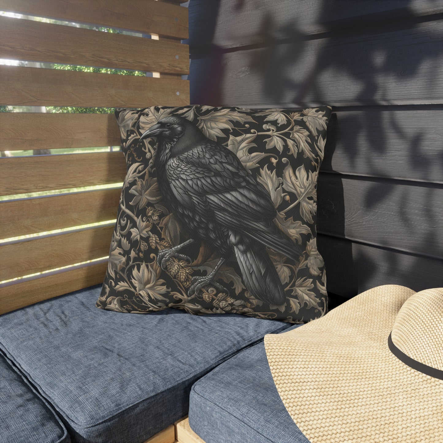 Gothic Raven Outdoor Pillow — Victorian Baroque Bird Cushion, Dark Academia Decor