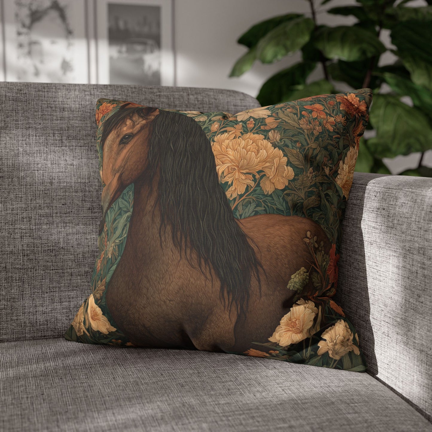 Majestic Horse Floral Pillow, William Morris Style Botanical Equestrian Cushion