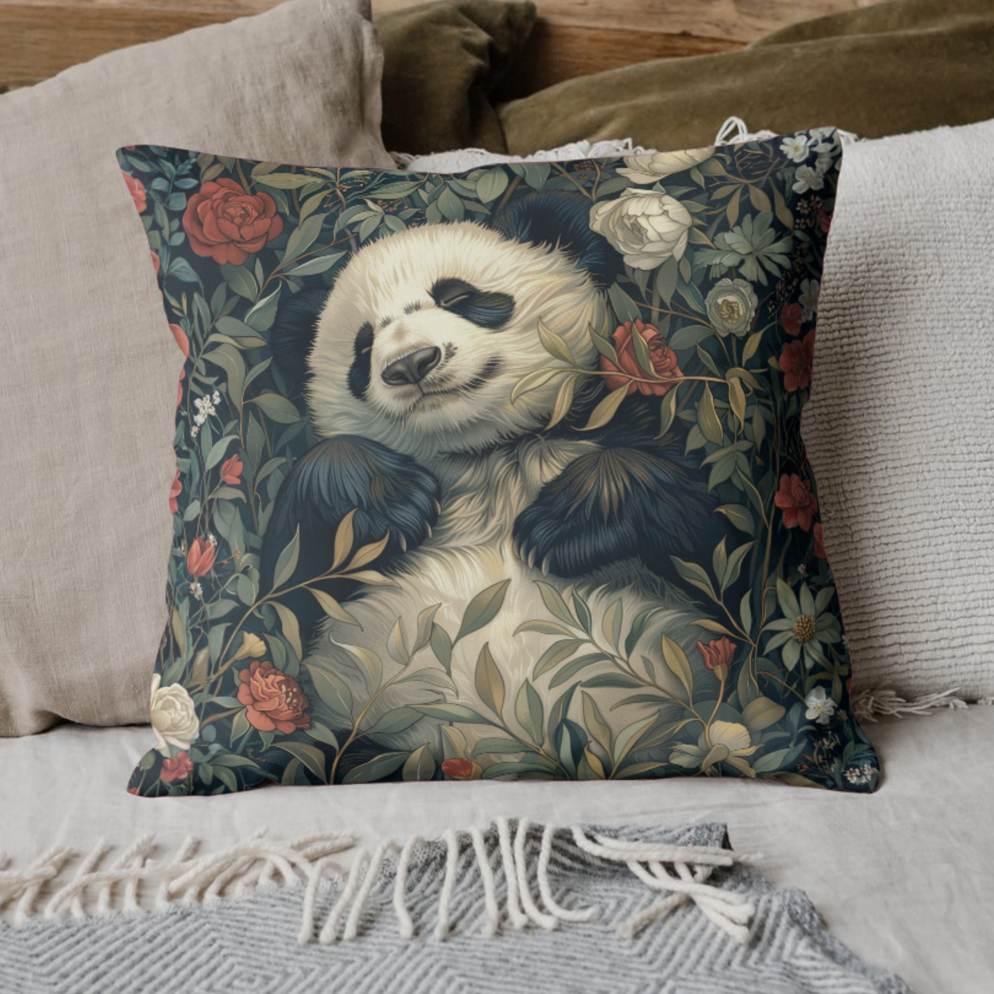 Panda Floral Decorative Pillow, Relaxed Garden Animal Throw Cushion