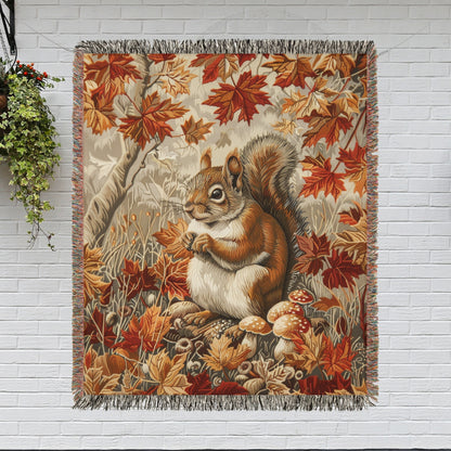 Squirrel In A Leafy Paradise Woven Blanket, Cozy Fall Home Decor, William Morris Inspired Cotton Blanket