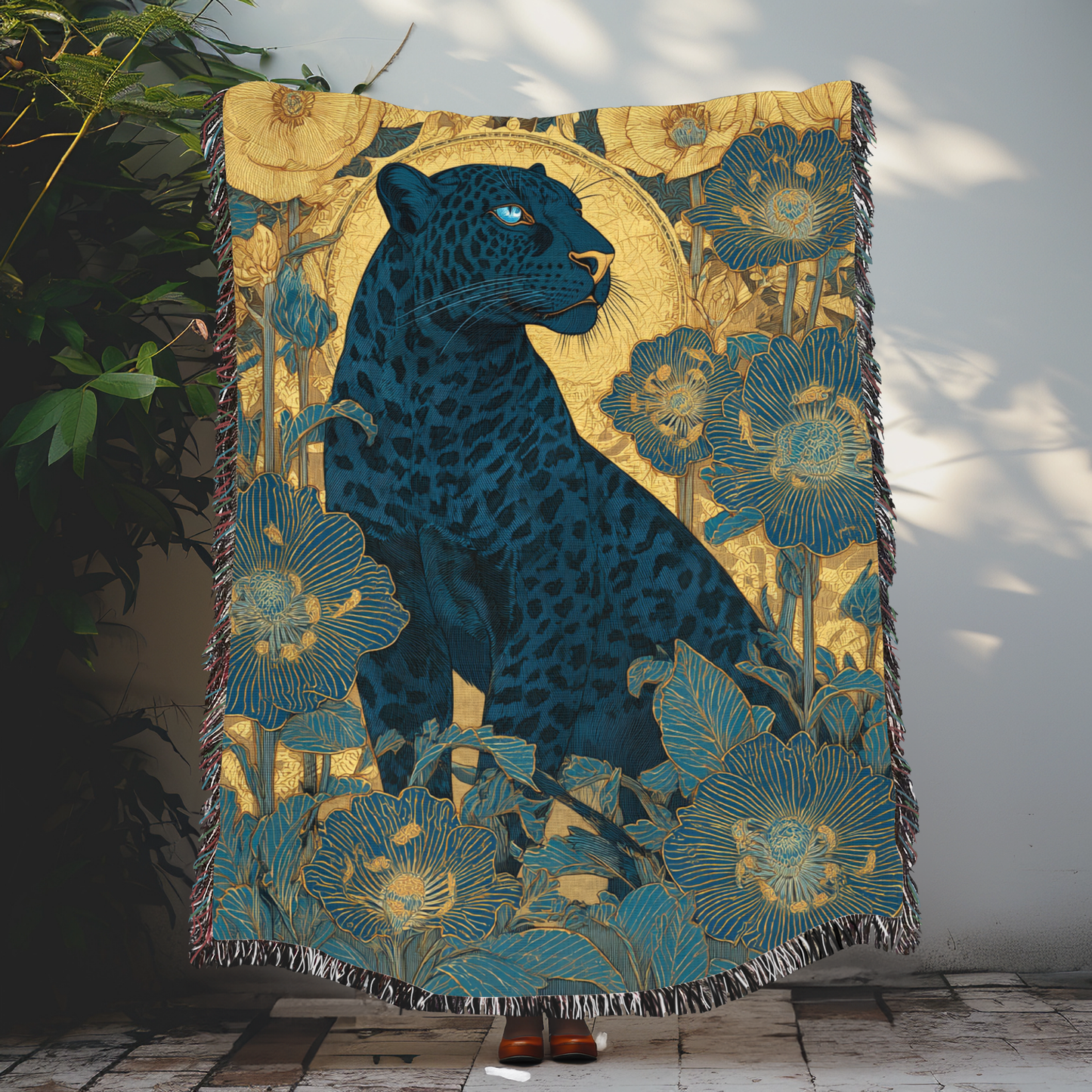 Midnight Bloom Panther Woven Blanket, Art Nouveau Floral Jungle Throw