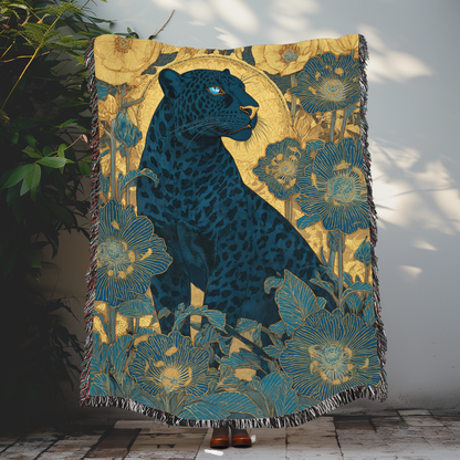 Midnight Bloom Panther Woven Blanket, Art Nouveau Floral Jungle Throw