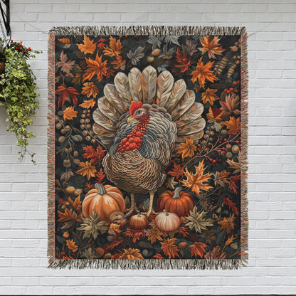 Thanksgiving Turkey Fall Woven Blanket, Fall Cozy Home Decor, William Morris Inspired Cotton Blanket