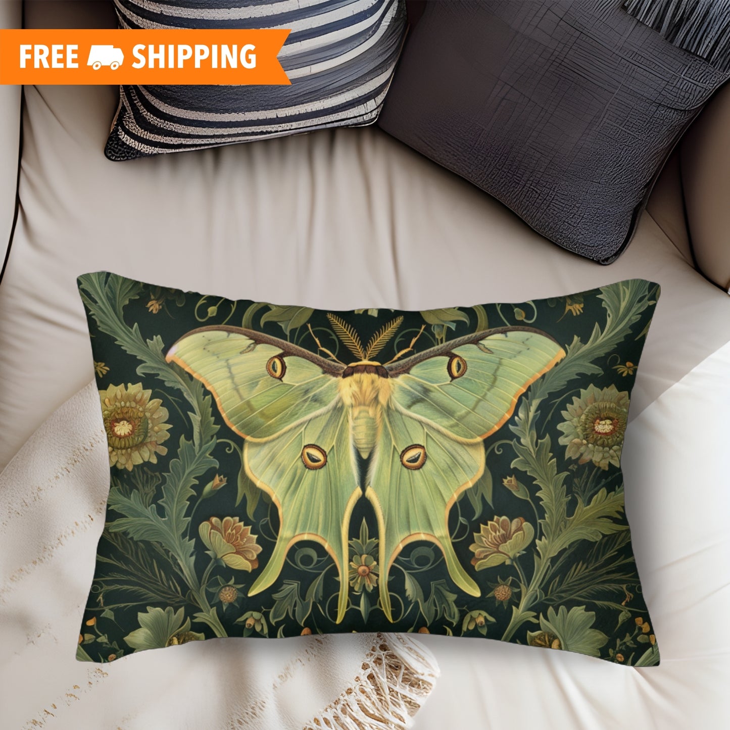 Woodland Luna Moth William Morris Inspired Lumbar Pillow