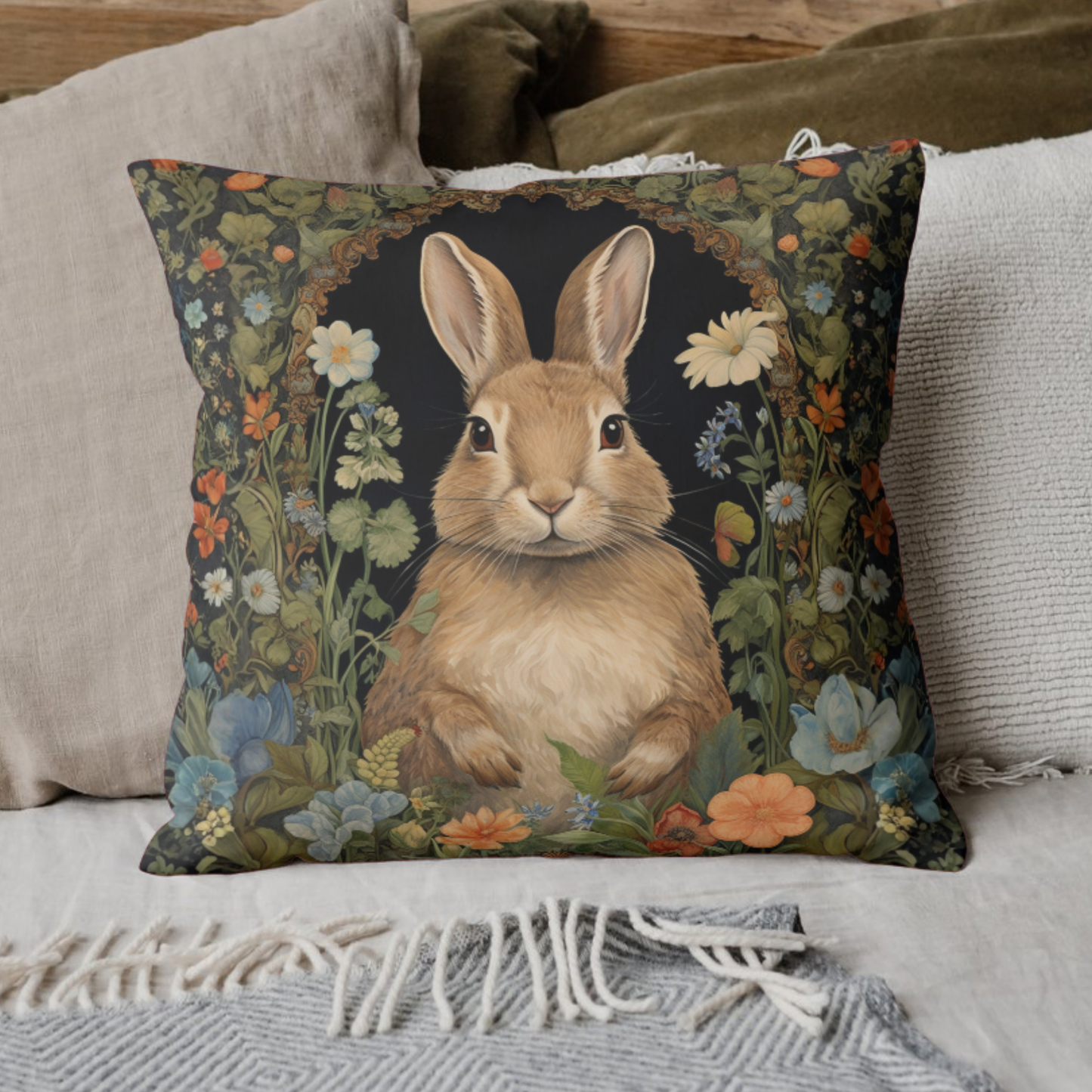 Bunny Garden Throw Pillow, Cute Rabbit Floral Decorative Pillow