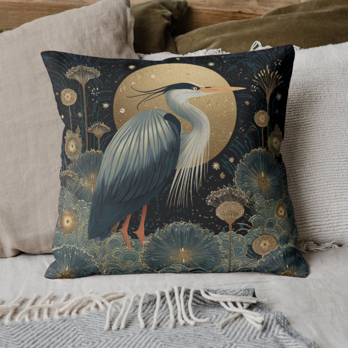 Heron Moon Decorative Pillow, Botanical Coastal Throw Pillow